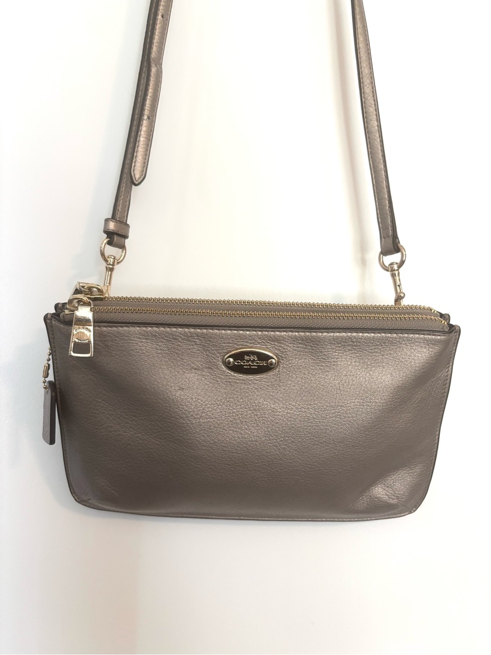 COACH Metallic Taupe Crossbody Bag with Gold Hard